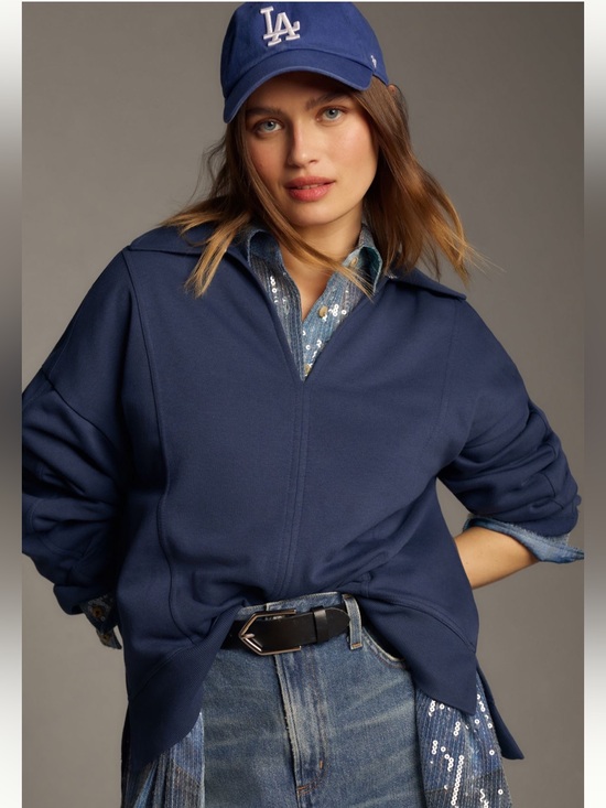 Pilcro Tops - Pilcro Johnny Collar Pullover Sweatshirt Top, Navy Blue, Size Medium